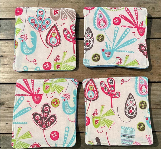Coasters Set of 4, Floral Bird Theme