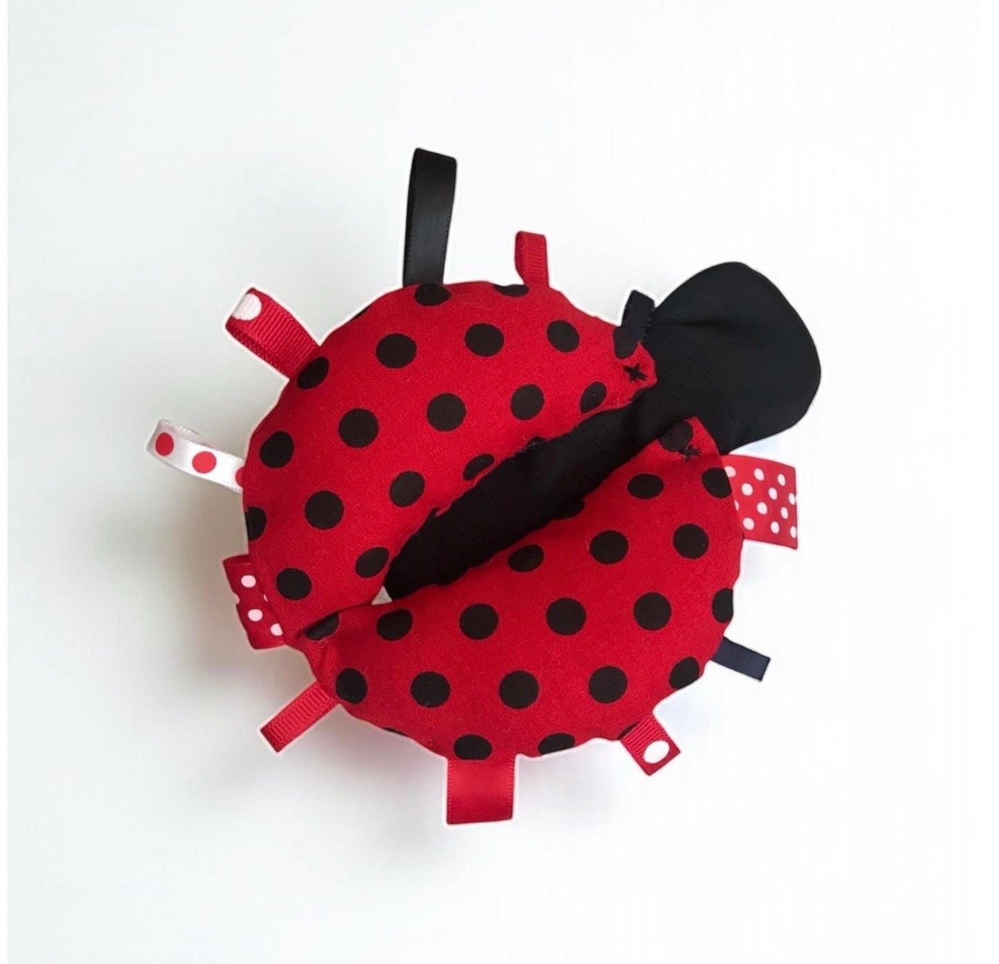 Ladybug Tag Toy: Baby Rattle Plushie with Ribbons
