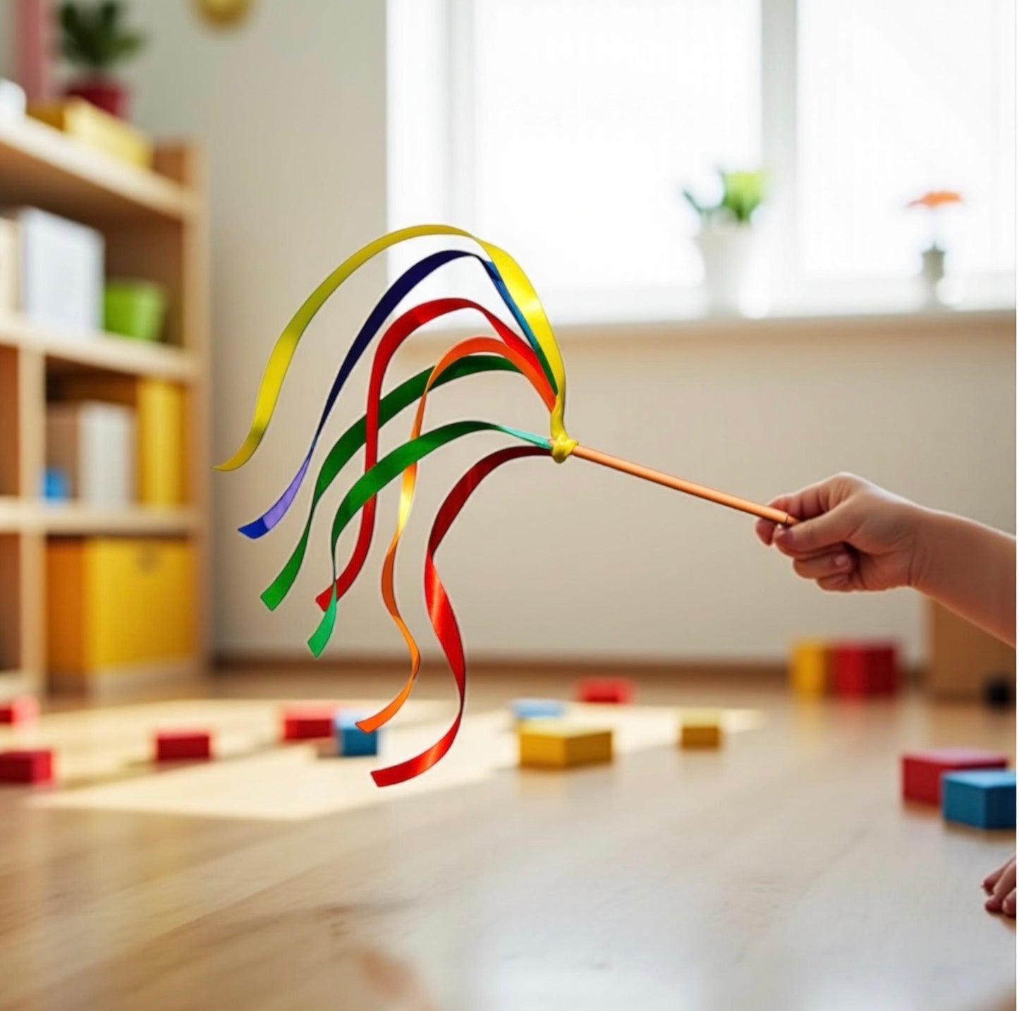 Rainbow Ribbon Wand, Bamboo Handle, Pretend Play
