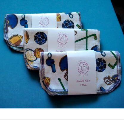 Reusable Tissues Sports Theme Flannel Handkerchief, Kids Nose Wipes, Set of 5