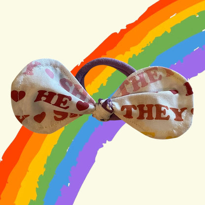 PRIDE LGBTQ+ Pronouns Hair Bow Ponytail Holder