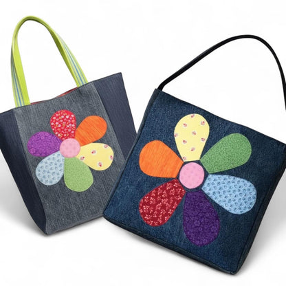 Rainbow Patch Flower Appliqué Denim Tote Bag