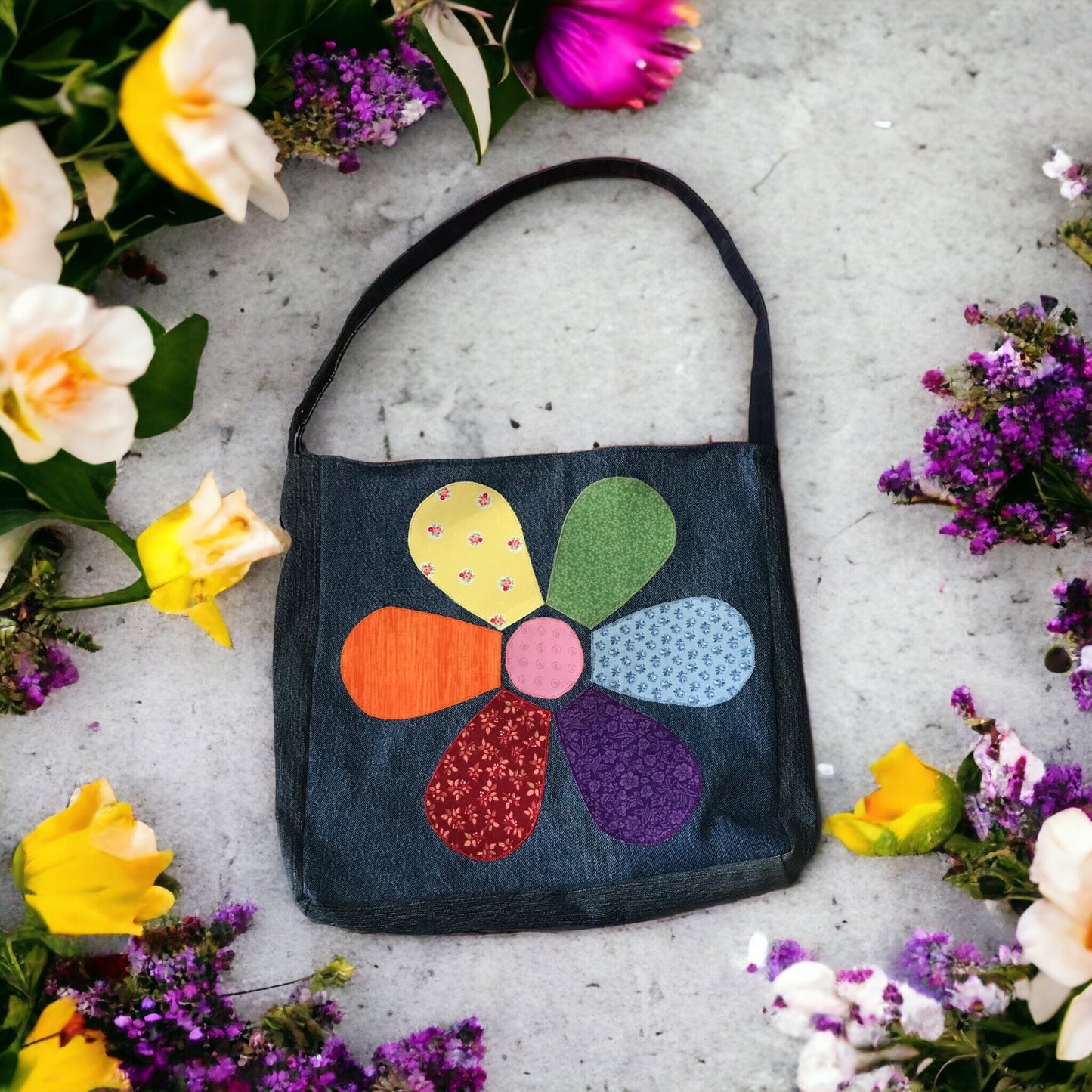 Rainbow Patch Flower Appliqué Denim Tote Bag