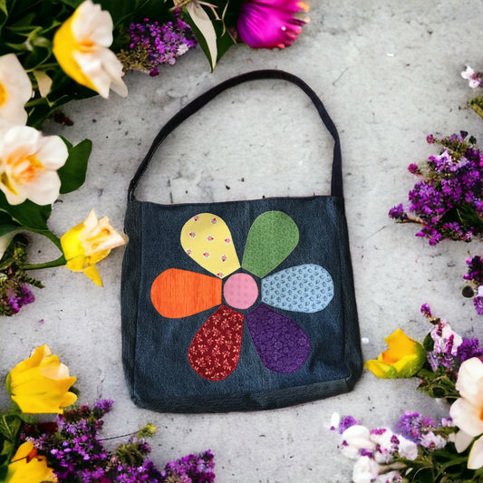 Rainbow Patch Flower Appliqué Denim Tote Bag