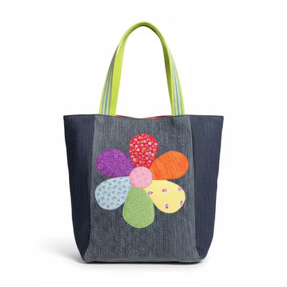 Rainbow Patch Flower Appliqué Denim Tote Bag