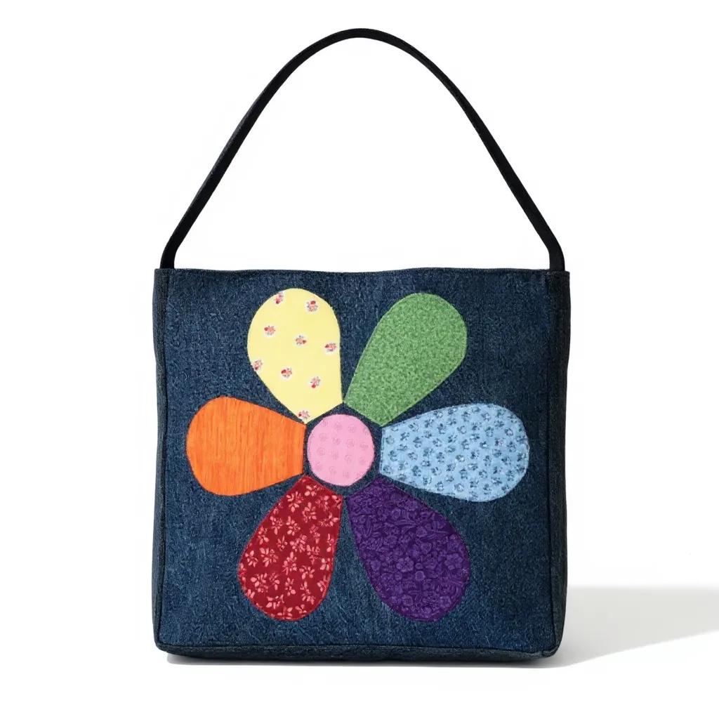 Rainbow Patch Flower Appliqué Denim Tote Bag